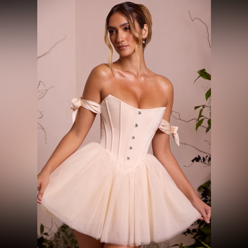 Oh Polly Off Shoulder Tulle Skirt Mini Dress in Ivory